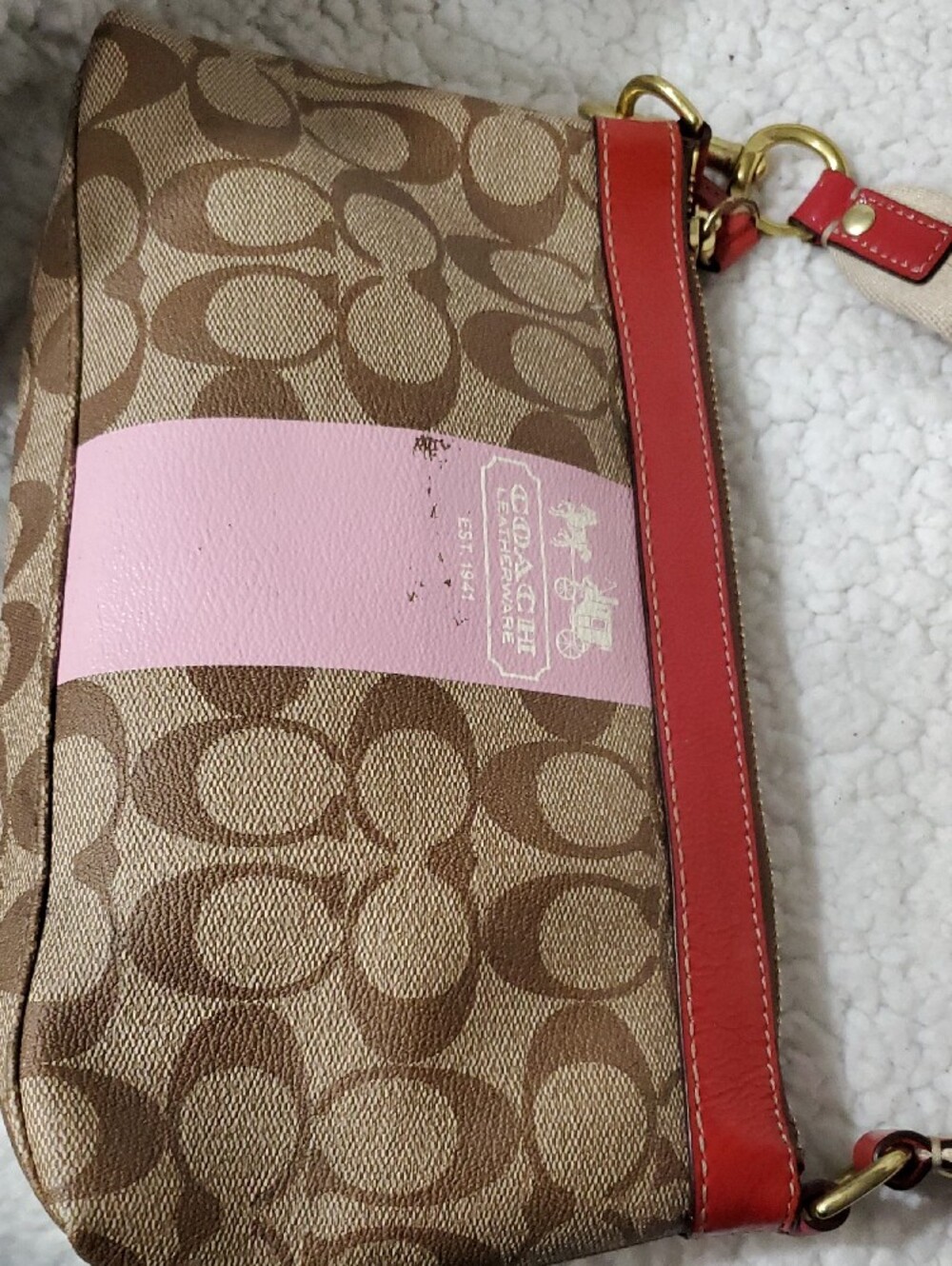 Coach Brown Signature Canvas Pink Center Stripe and Coral Trim - Picture 5 of 9